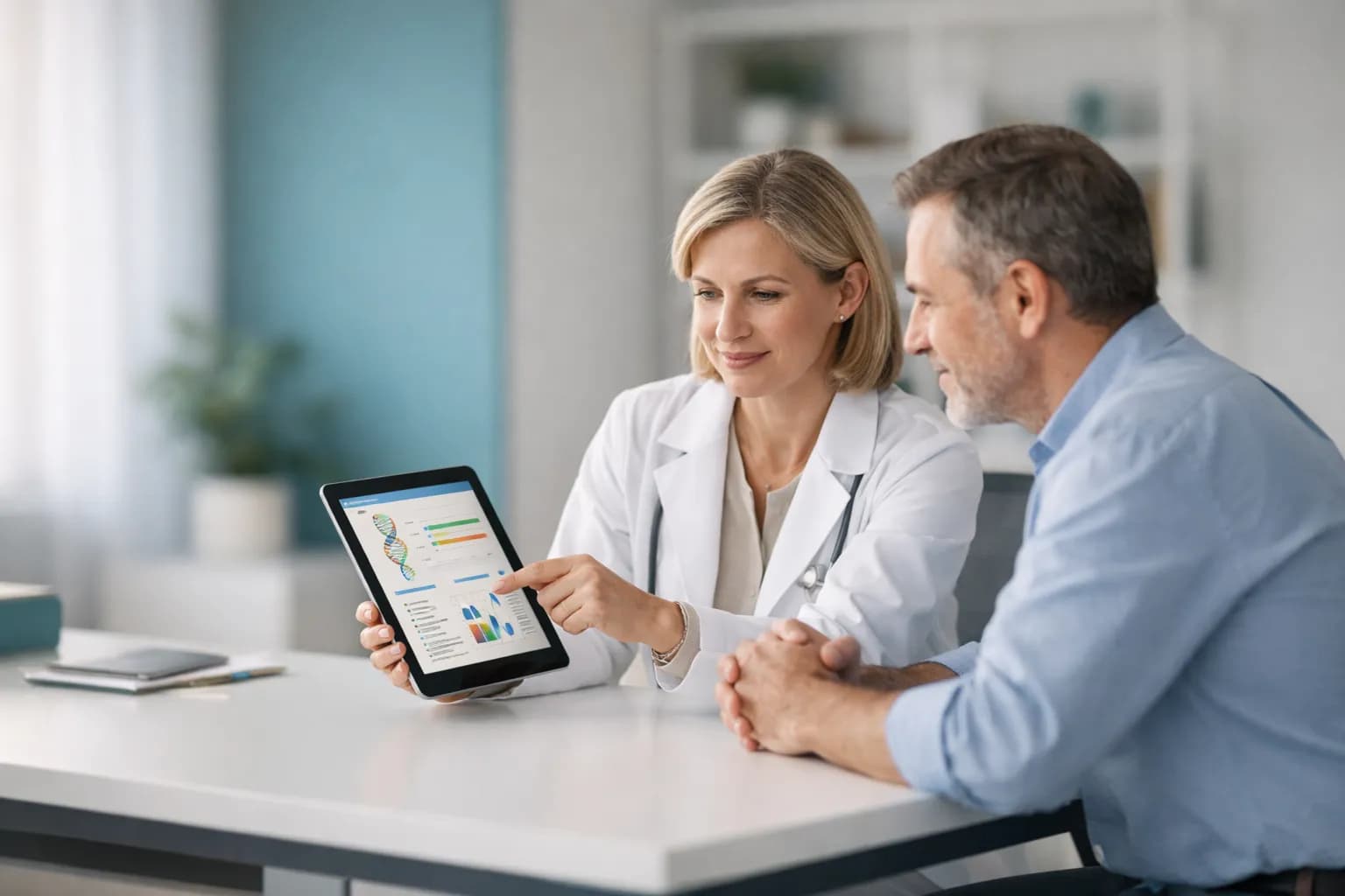 Clinician showing a patient their genomic report on a tablet