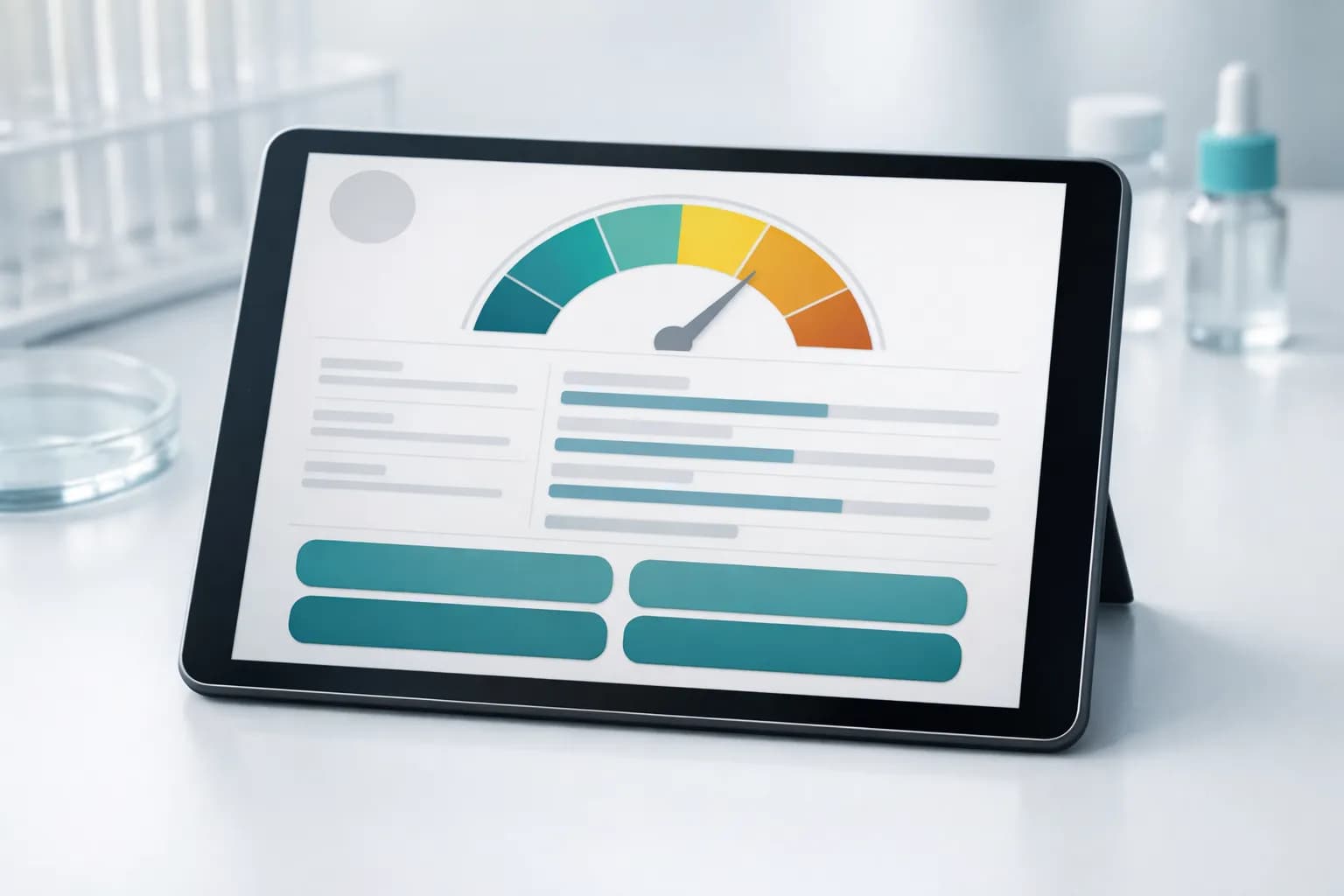 White-label clinical genomic report on a tablet with a risk gauge and charts